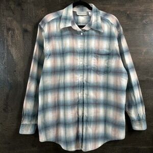 Lemon Grass Pastel Plaid Lurex Shimmer Button Down Shirt XL Coastal Teal Pink